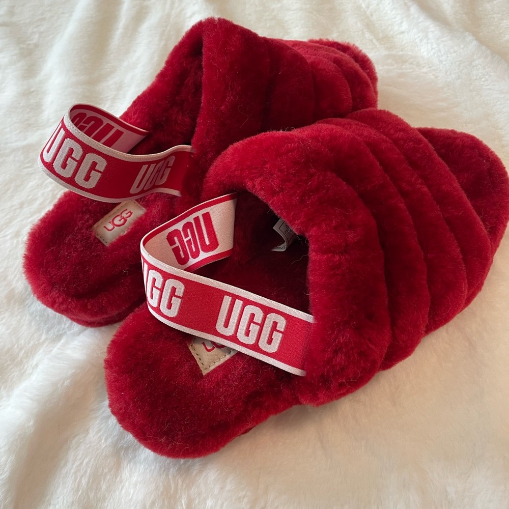 UGG Red Fluffy Slide Slippers